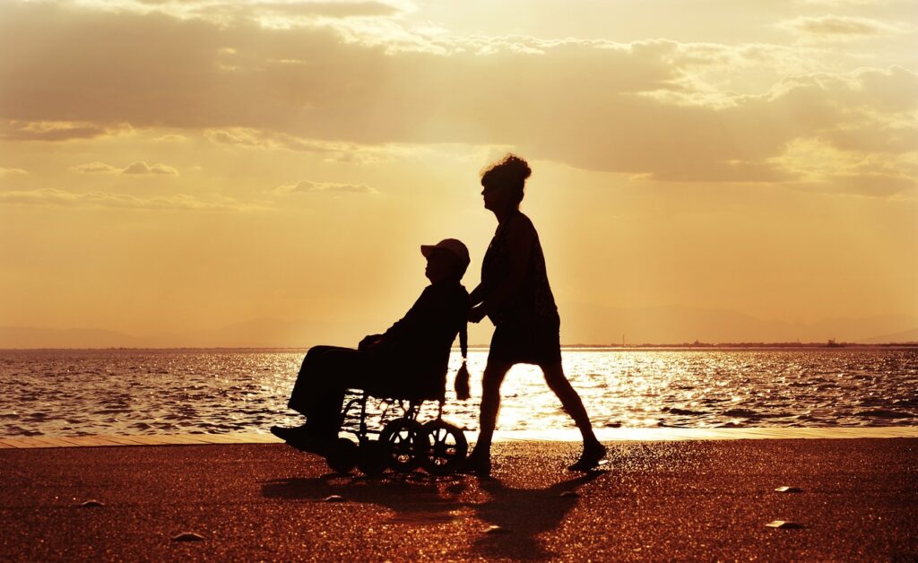 wheelchair, walk, nature, care, disabled, couple, sea, sunset, characters